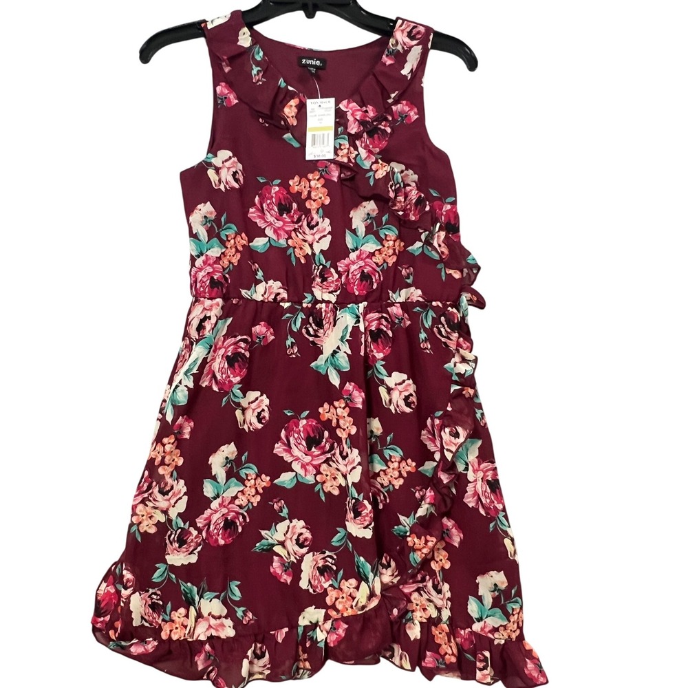 Zunie Burgundy Floral Ruffle Dress Girls Size 14 Sleeveless Special Occasion‎ J7